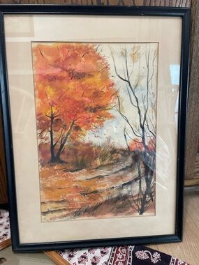 1954 original watercolor Autumn Landscape Art - signed by artist 19x25